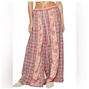 New! POL Women’s Sz M Pink-Multi Bohemian Plaid and Paisley WIDE-Leg Pants
